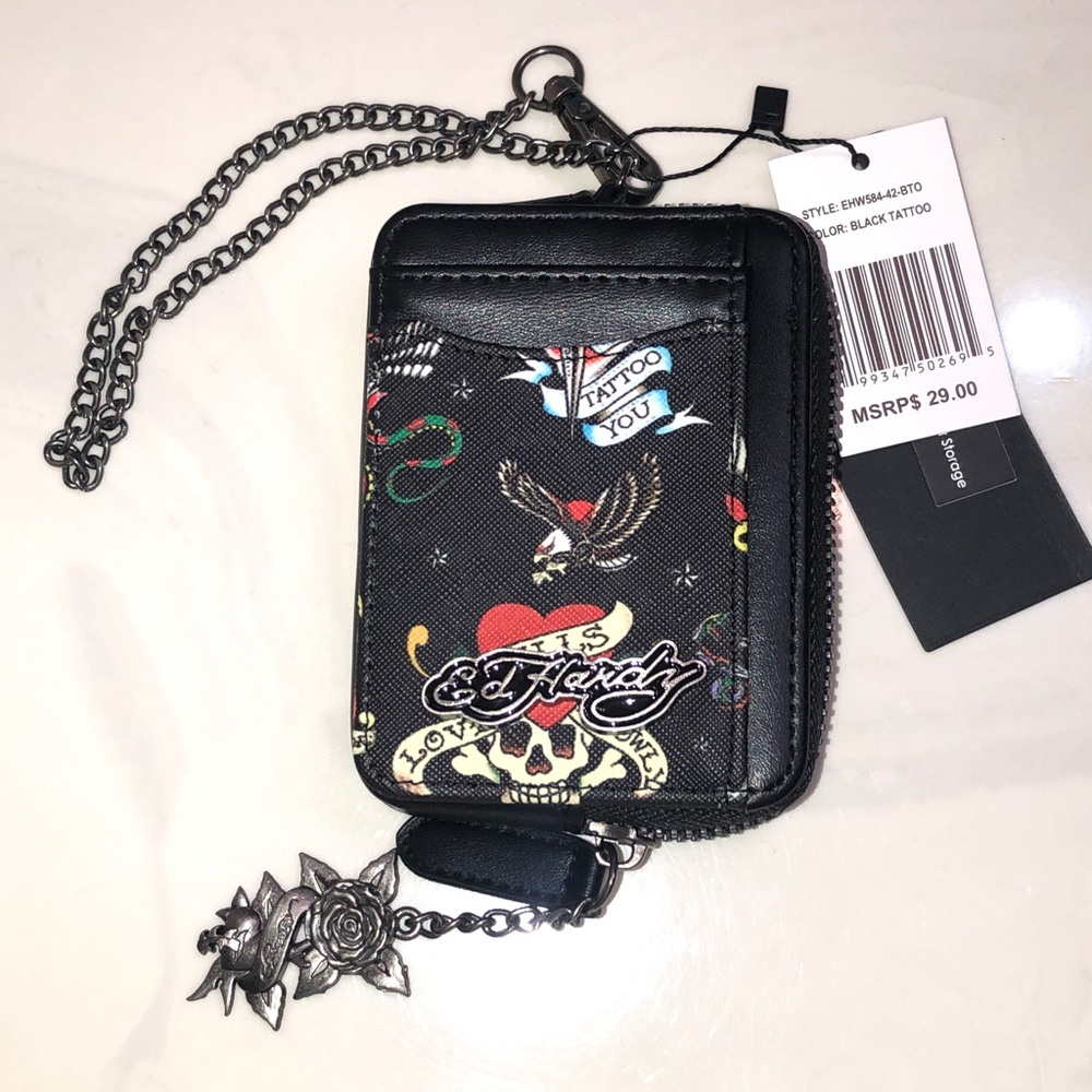 Ed Hardy Black Tattoo Print ZA Card Wallet + Chain Wrist Strap Rose Charm NWT